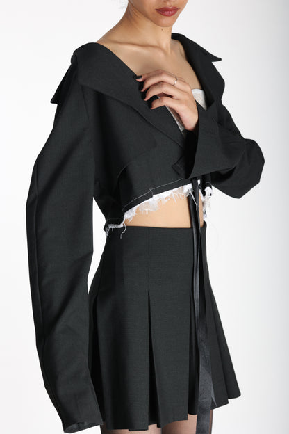 Unfinished Cropped Blazer With Box Swirl Skirt