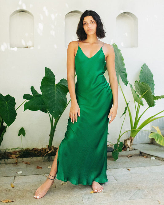 Emerald Green Satin Slip Dress With Handcrafted Straps